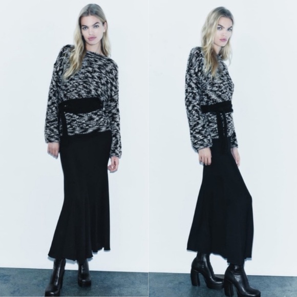 🖤 ZARA GREY BLACK CHUNKY KNIT PERFORATED BELTED SWEATER! - Picture 7 of 16